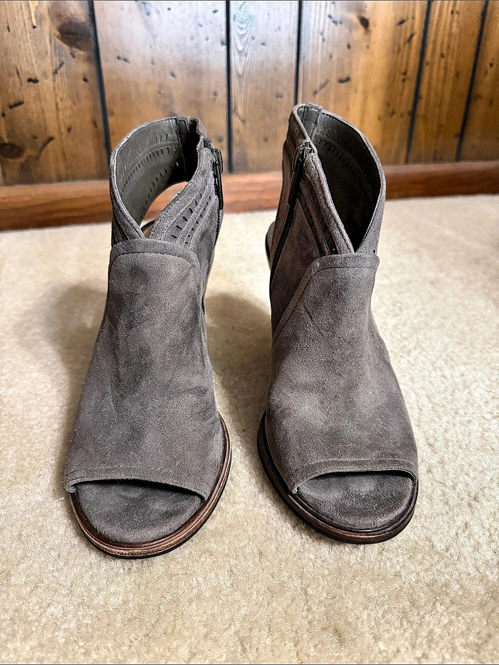 Vince Camuto Gray Peep Toe Block Heel Booties